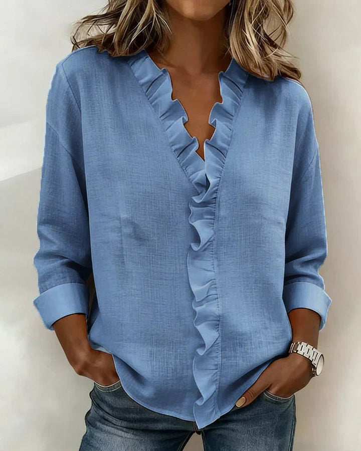 Pabasari - Blusa Elegante Com Decote em V e Babados Delicados