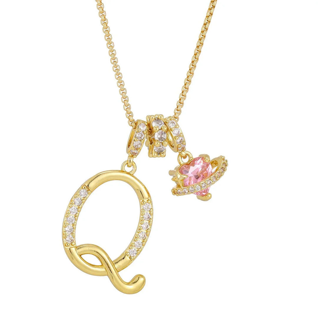Nerute - Colar Com Inicial e Pingente em Forma de Coração Rosa