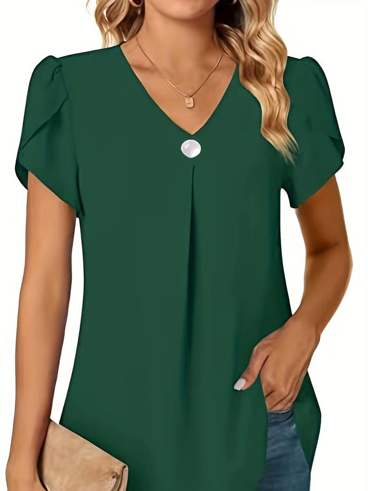 Thilakshi - Blusa de Manga Curta Com Folhos e um Unico Botão