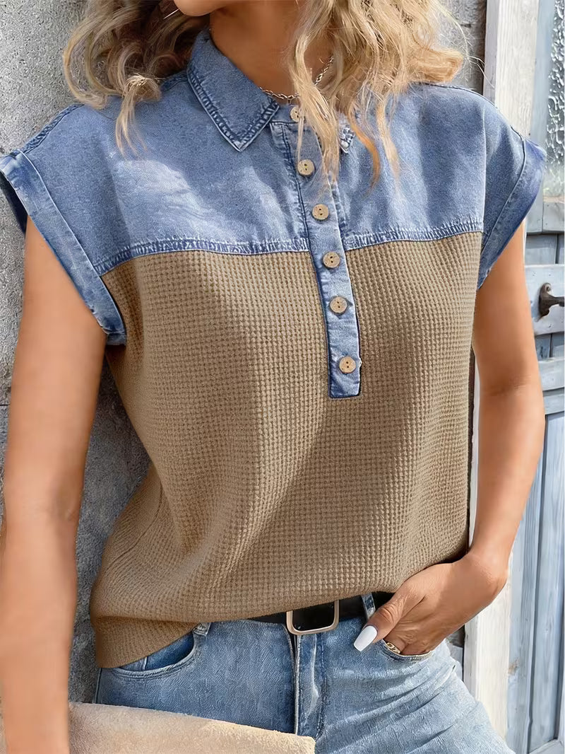 Haily - Top Casual de Ganga Com Gola em Patchwork e Manga Curta