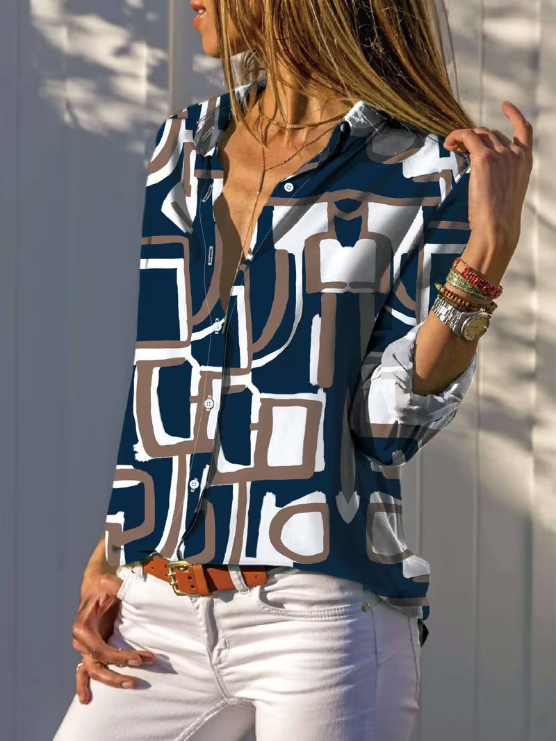 Fizana - Camisa casual de chiffon com padrão geométrico