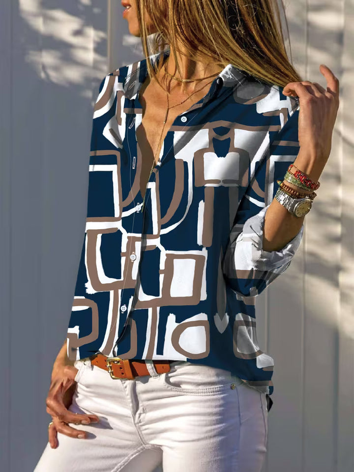 Fizana - Camisa casual de chiffon com padrão geométrico