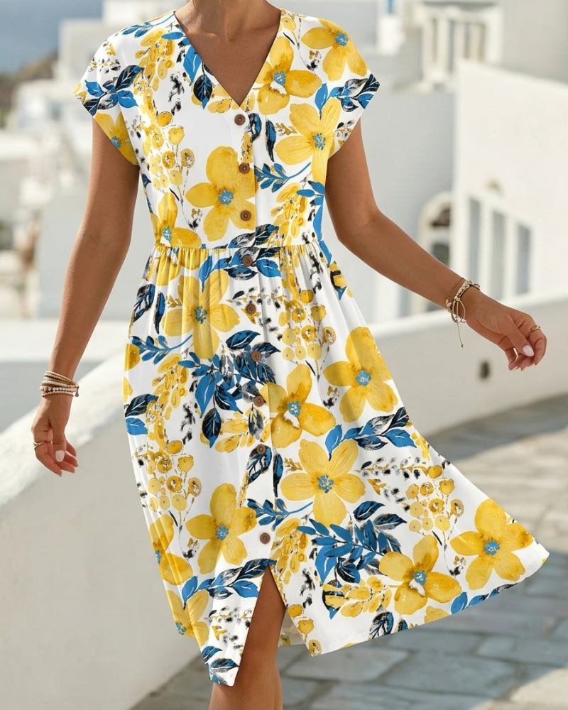 Sinera - Vestido Com Estampado Floral e Mangas Curtas
