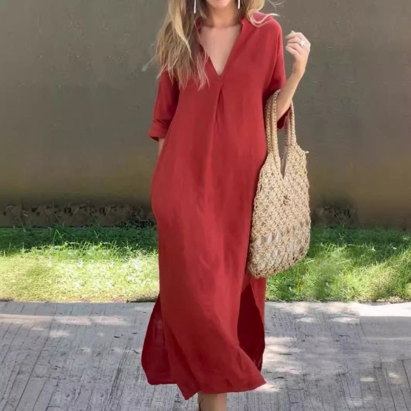 Ramune - Vestido Casual de Linho Com Decote em V