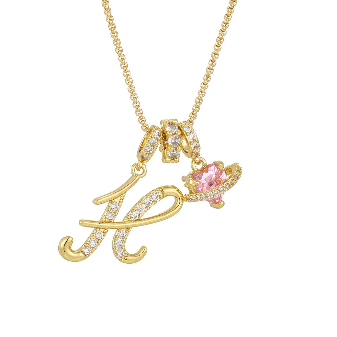 Nerute - Colar Com Inicial e Pingente em Forma de Coração Rosa