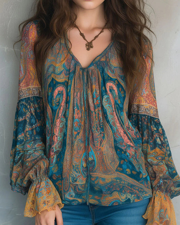 Izabella - Blusa Estilo Boémia Com Decote Em V e Mangas Largas