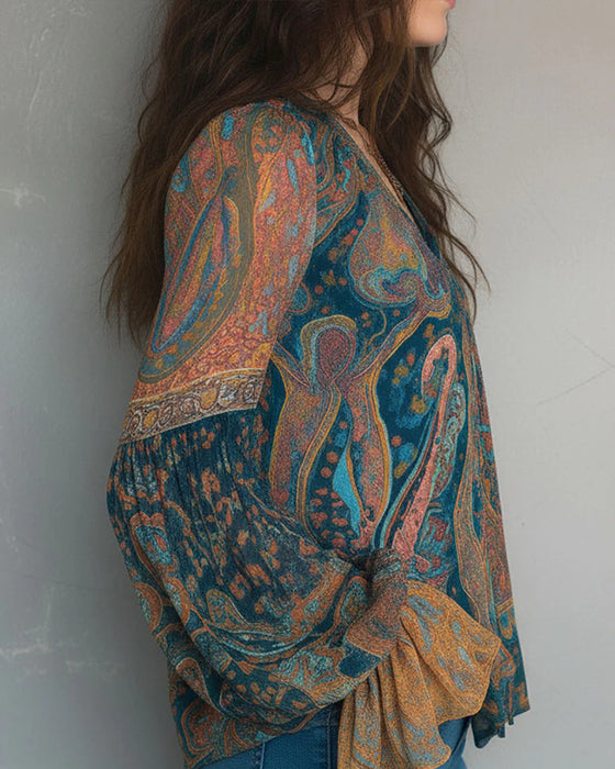 Izabella - Blusa Estilo Boémia Com Decote Em V e Mangas Largas