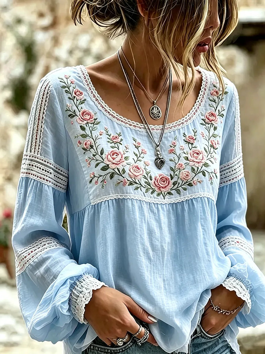 Esraa - Blusa De Linho Com Gola Bordada Com Motivos Florais