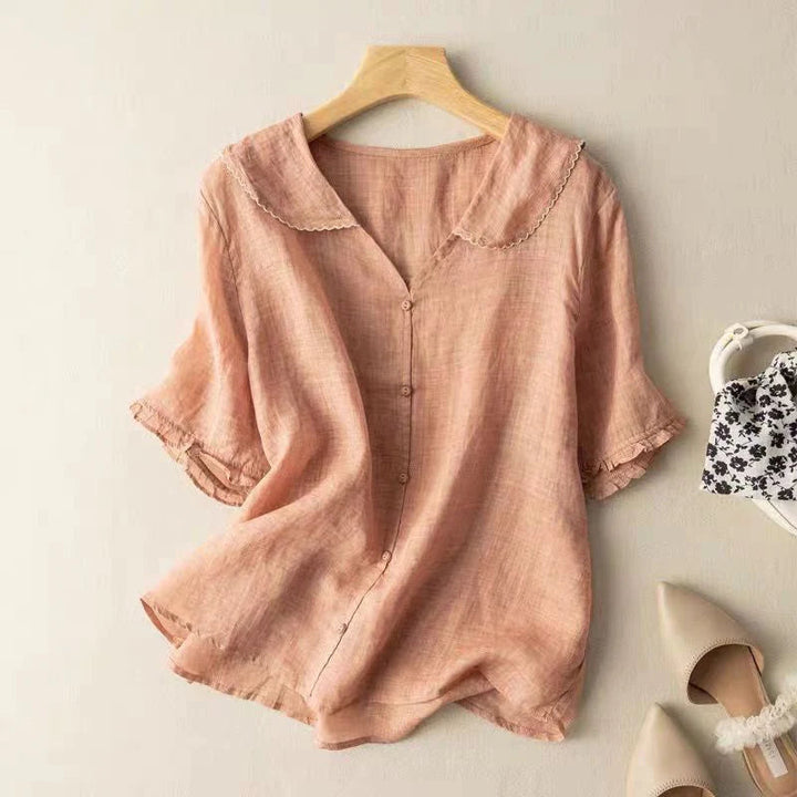 Sotiria - Blusa Elegante De Manga Curta Em Linho