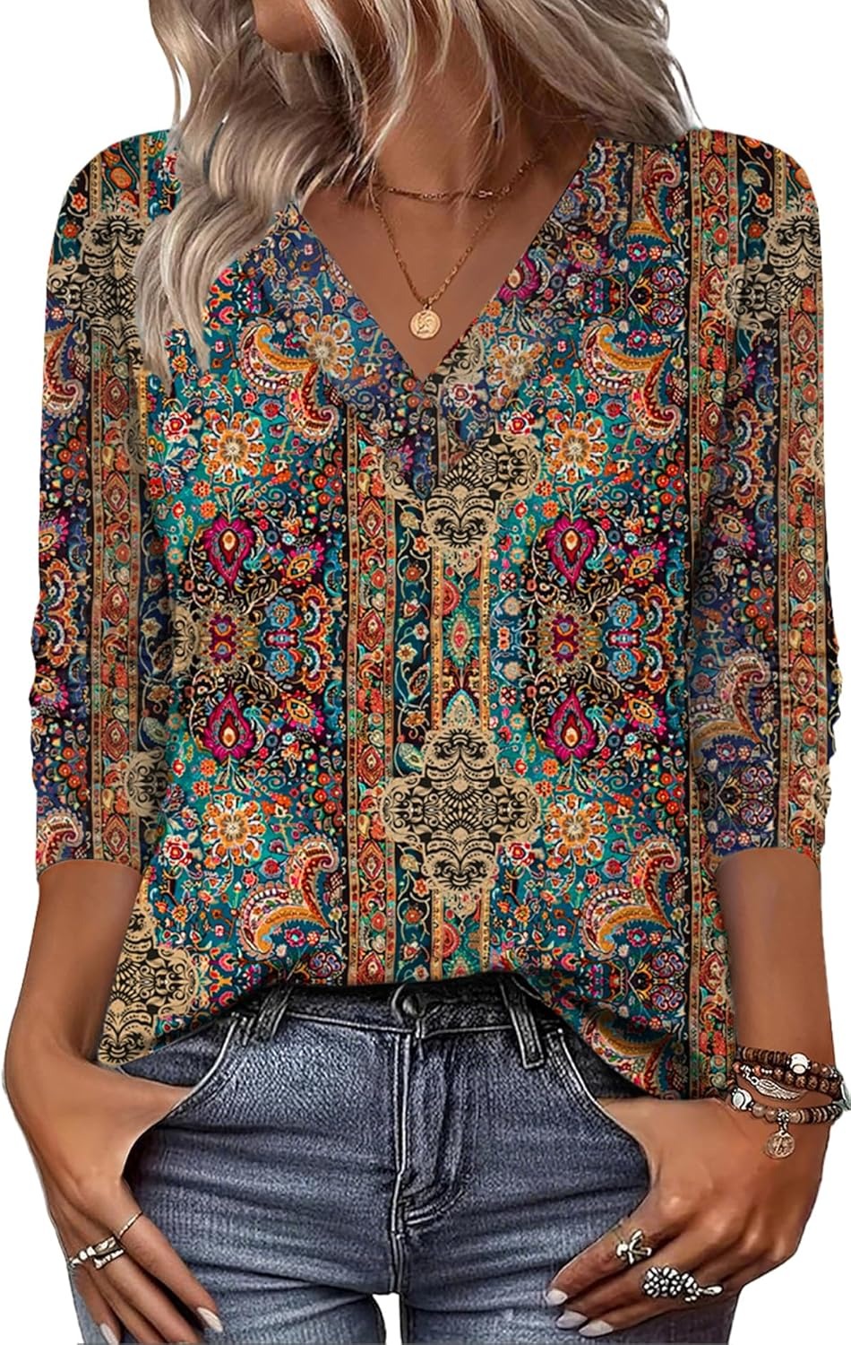 Eleeza - Blusa Com Decote Em V e Estampado Retro