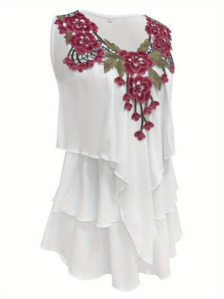 Verunka - Blusa De Verão Com Decote Em V Em Renda Solúvel Com Efeito Patchwork E Folhos