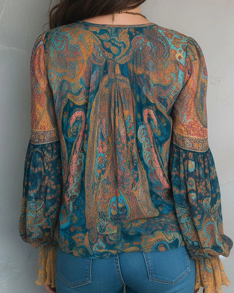 Izabella - Blusa Estilo Boémia Com Decote Em V e Mangas Largas