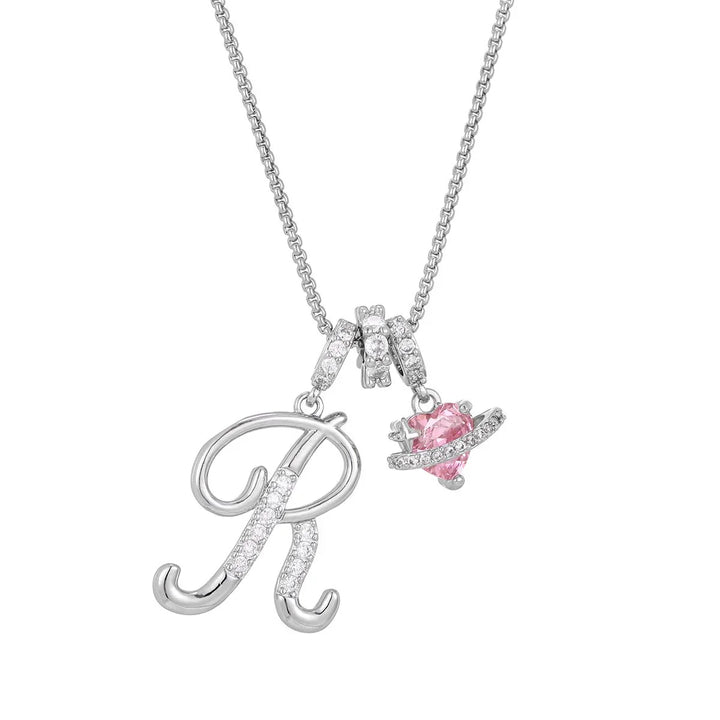 Nerute - Colar Com Inicial e Pingente em Forma de Coração Rosa