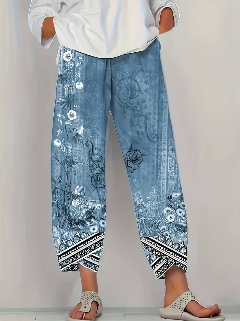Thimasha - Calças Capri Com Padrão Floral Vintage e Cintura Elástica