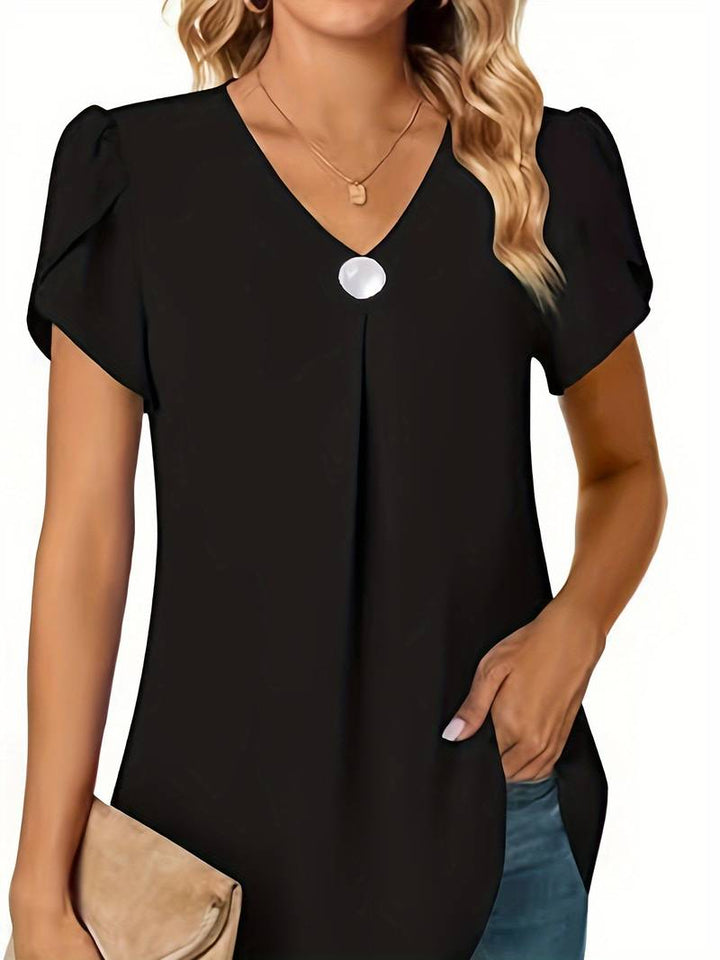 Thilakshi - Blusa de Manga Curta Com Folhos e um Unico Botão