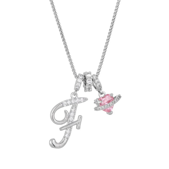 Nerute - Colar Com Inicial e Pingente em Forma de Coração Rosa