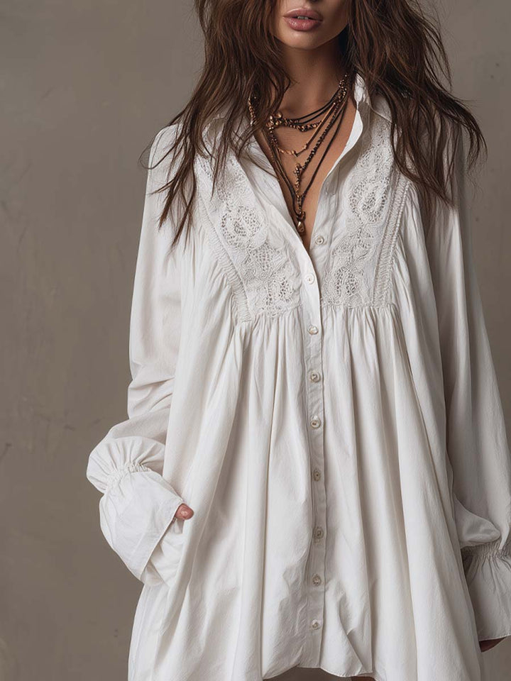 Amparo - Vestido-camisa de manga Comprida com Bainha Irregular