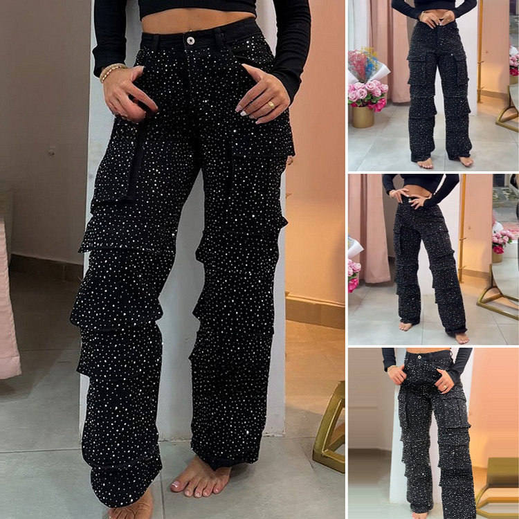 Leseli - Calças Cargo Elegantes Com Acabamento Brilhante