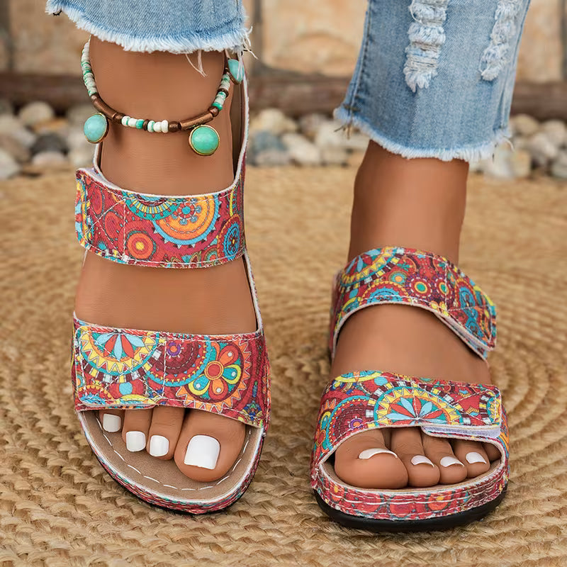 Dhifef - Sandália De Verão Com Salto Grosso E Padrão Estampado