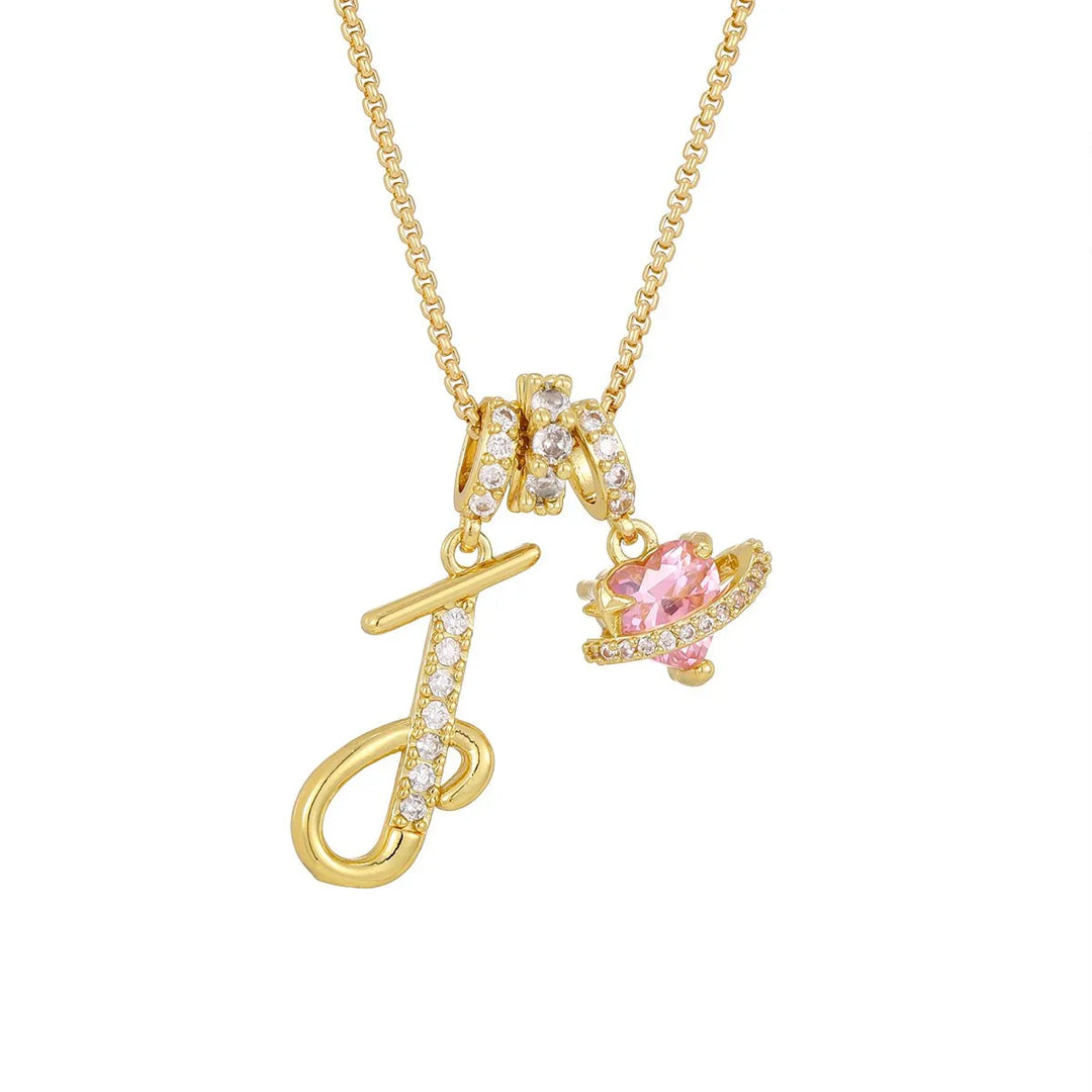 Nerute - Colar Com Inicial e Pingente em Forma de Coração Rosa