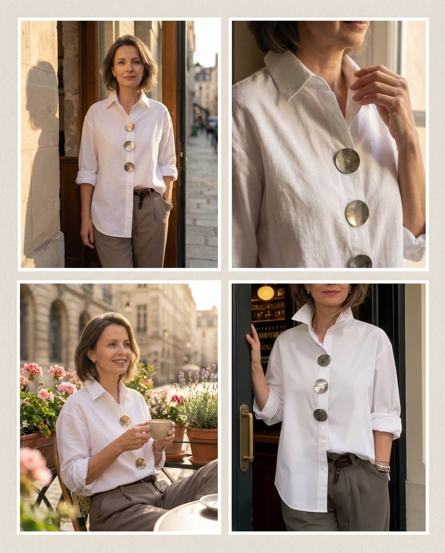 Shalani - Blusa Elegante de linho e Algodão Com Botão de Metal