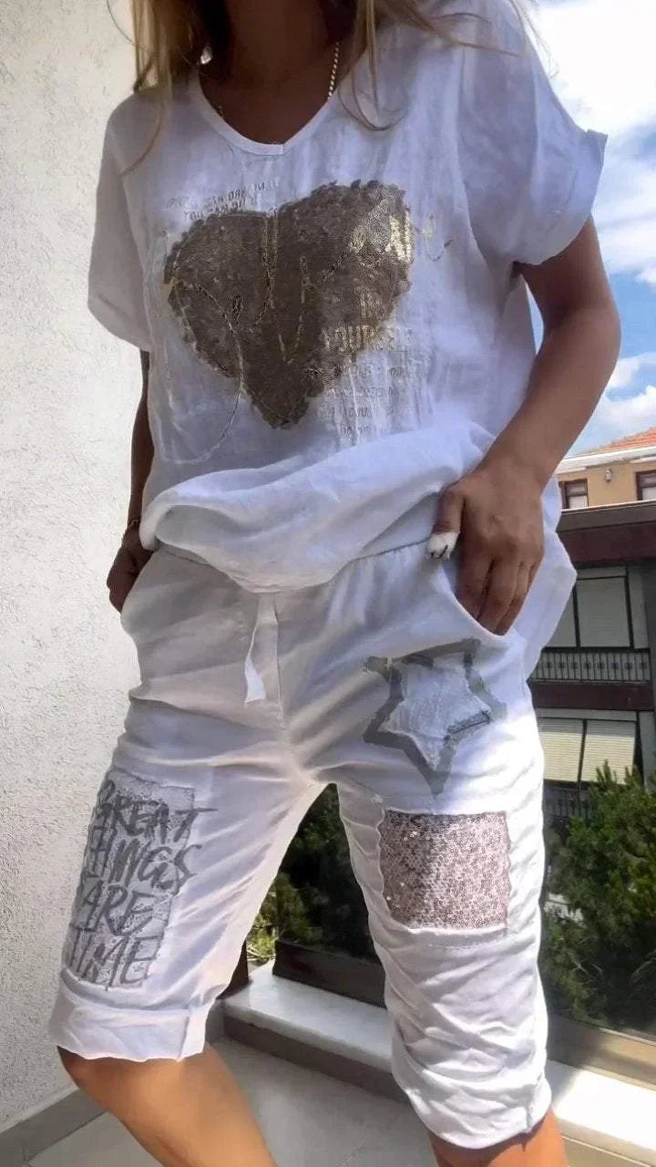 Varessa - Conjunto casual de Duas peças com Decote em V e Estampagem Dourada