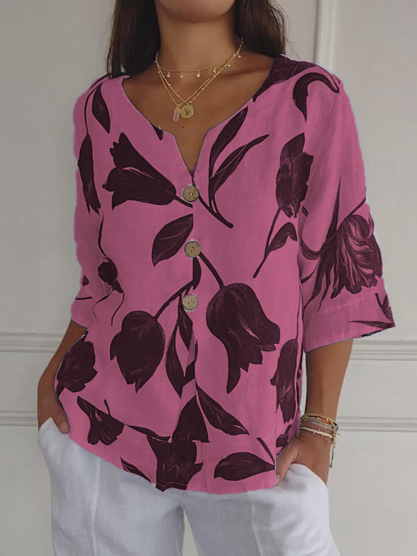 Despoina - Top Elegante Com Estampado Floral e Botões