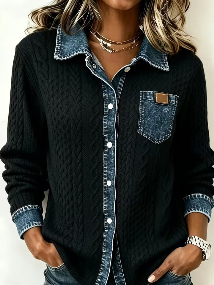 Eryna - Camisa de Manga Comprida em Malha Trançada Com Gola em Ganga