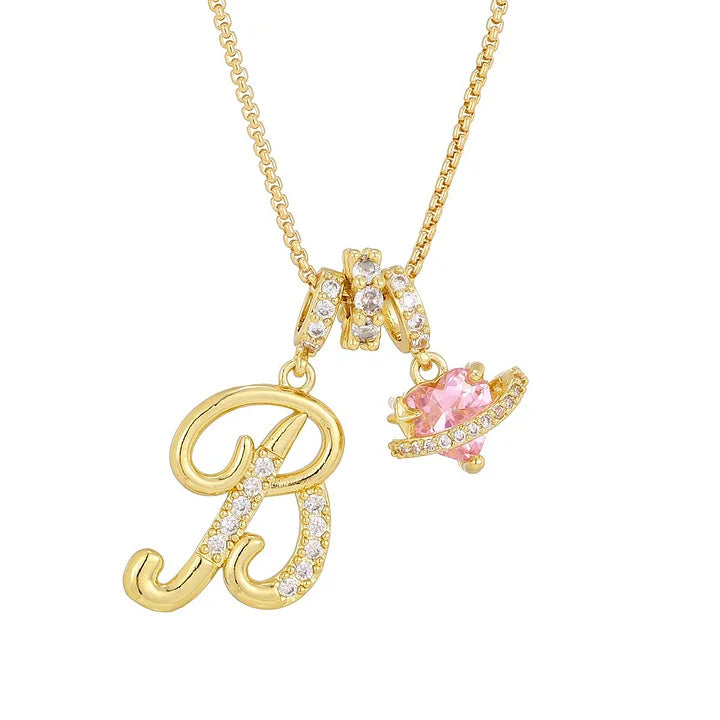 Nerute - Colar Com Inicial e Pingente em Forma de Coração Rosa