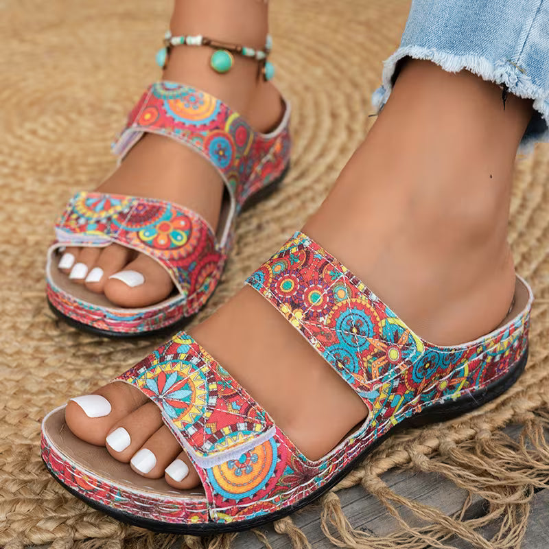 Dhifef - Sandália De Verão Com Salto Grosso E Padrão Estampado