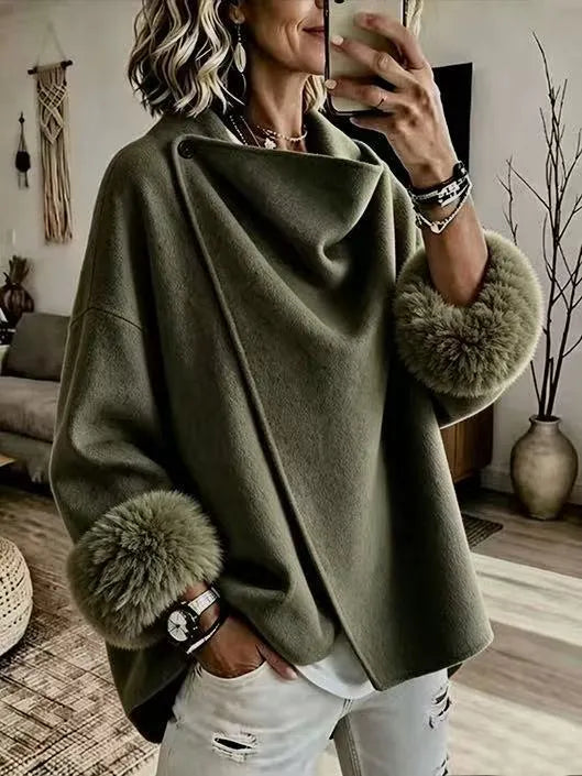 Mikila - Faux Fur Cuff Asymmetric Wool-Blend Jacket