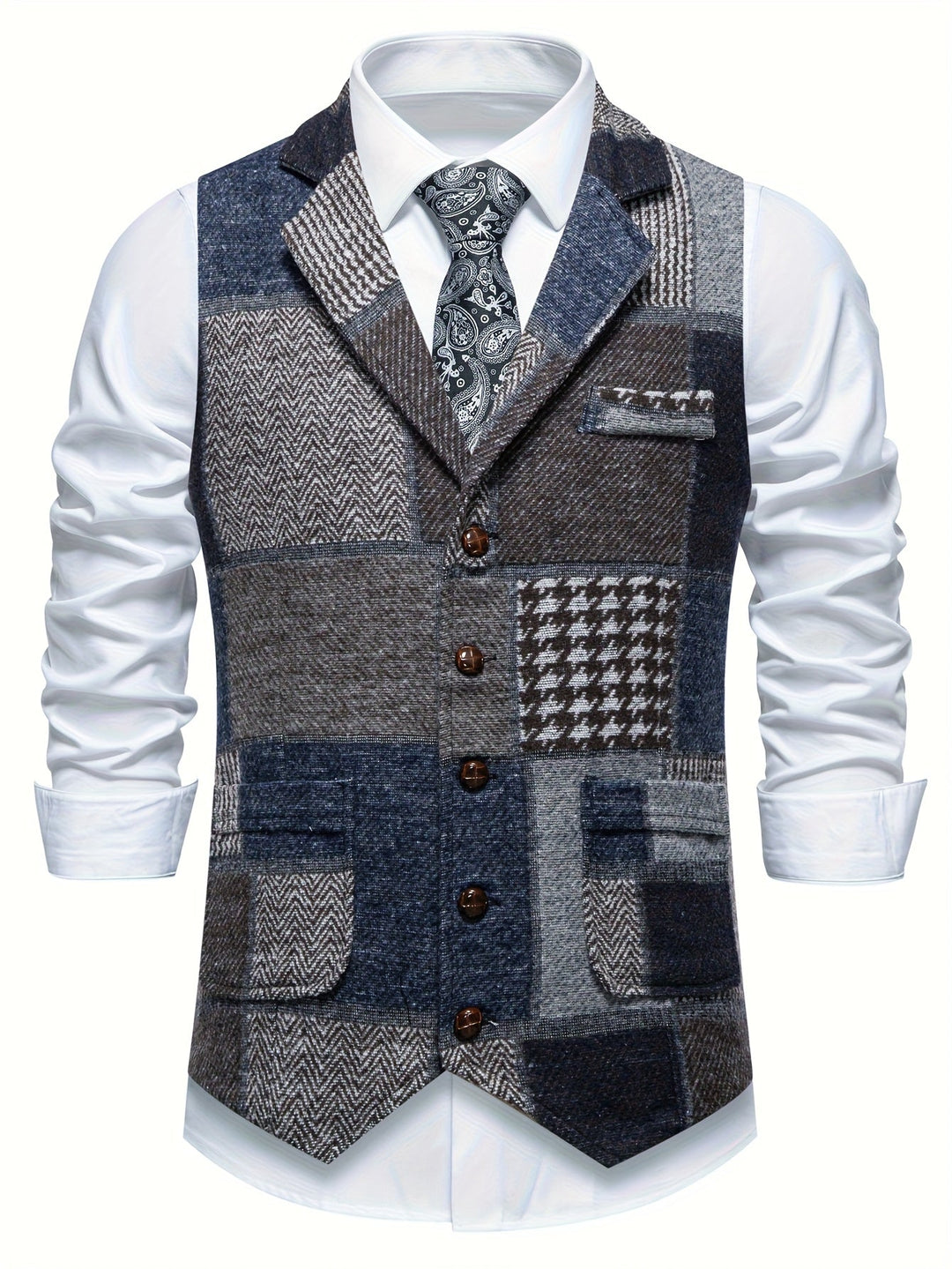 Saverse - Colete em tweed com Padrão em Espinha de Peixe em Patchwork