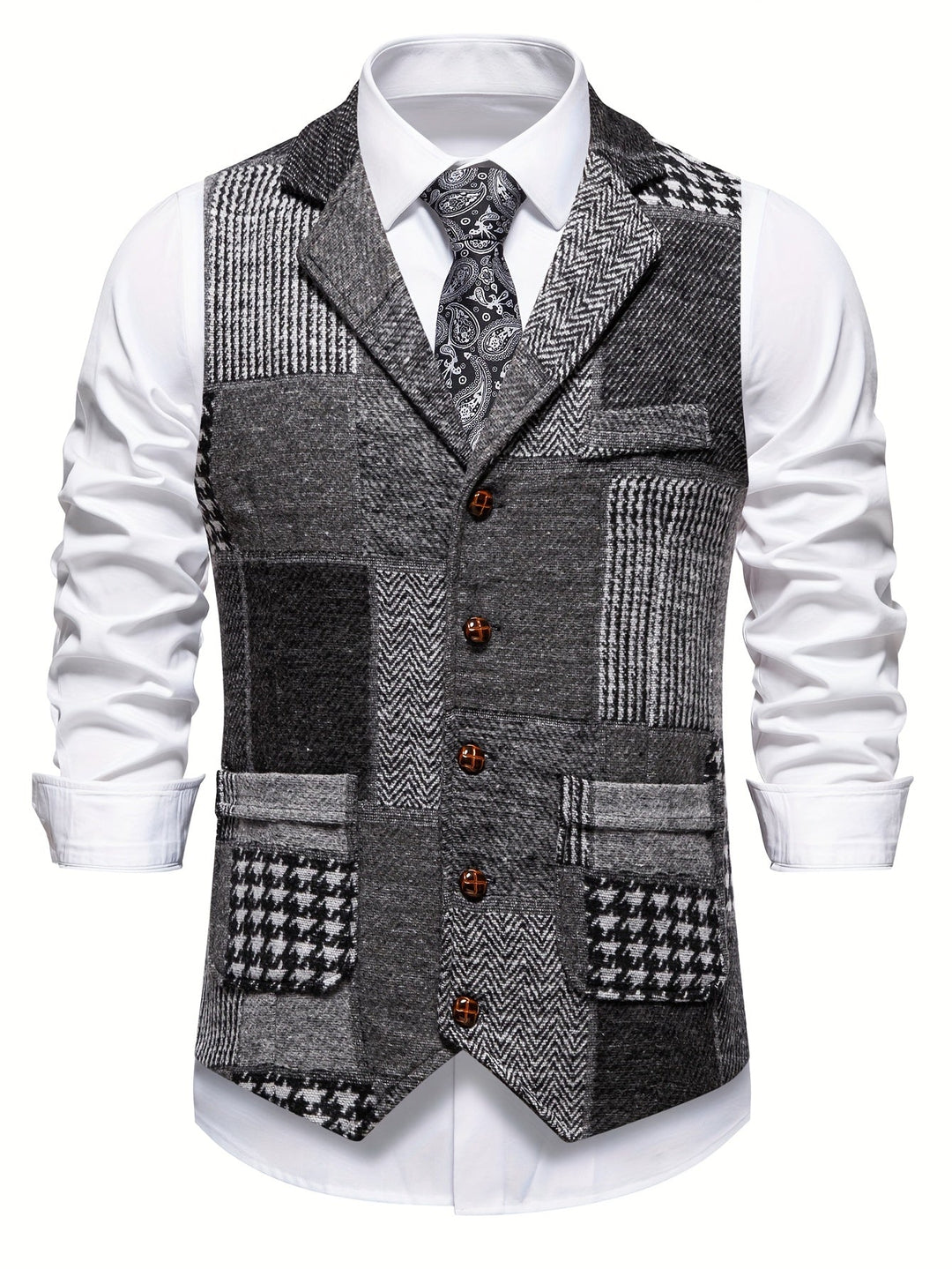 Saverse - Colete em tweed com Padrão em Espinha de Peixe em Patchwork