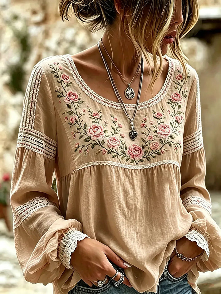 Esraa - Blusa De Linho Com Gola Bordada Com Motivos Florais