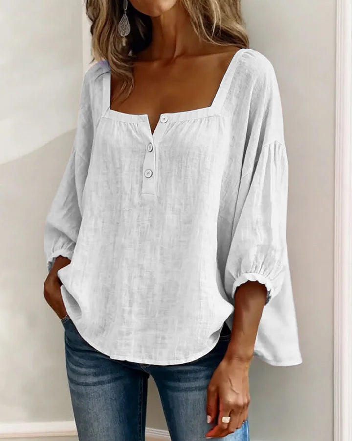 Leontien - Blusa De Algodão De Manga Comprida Com Decote Quadrado