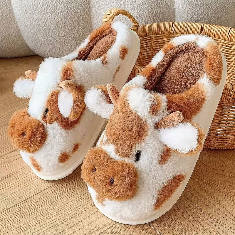 Faliza - Chinelos De Pelúcia Para Uso Doméstico Com Padrão De Vaca Malhada