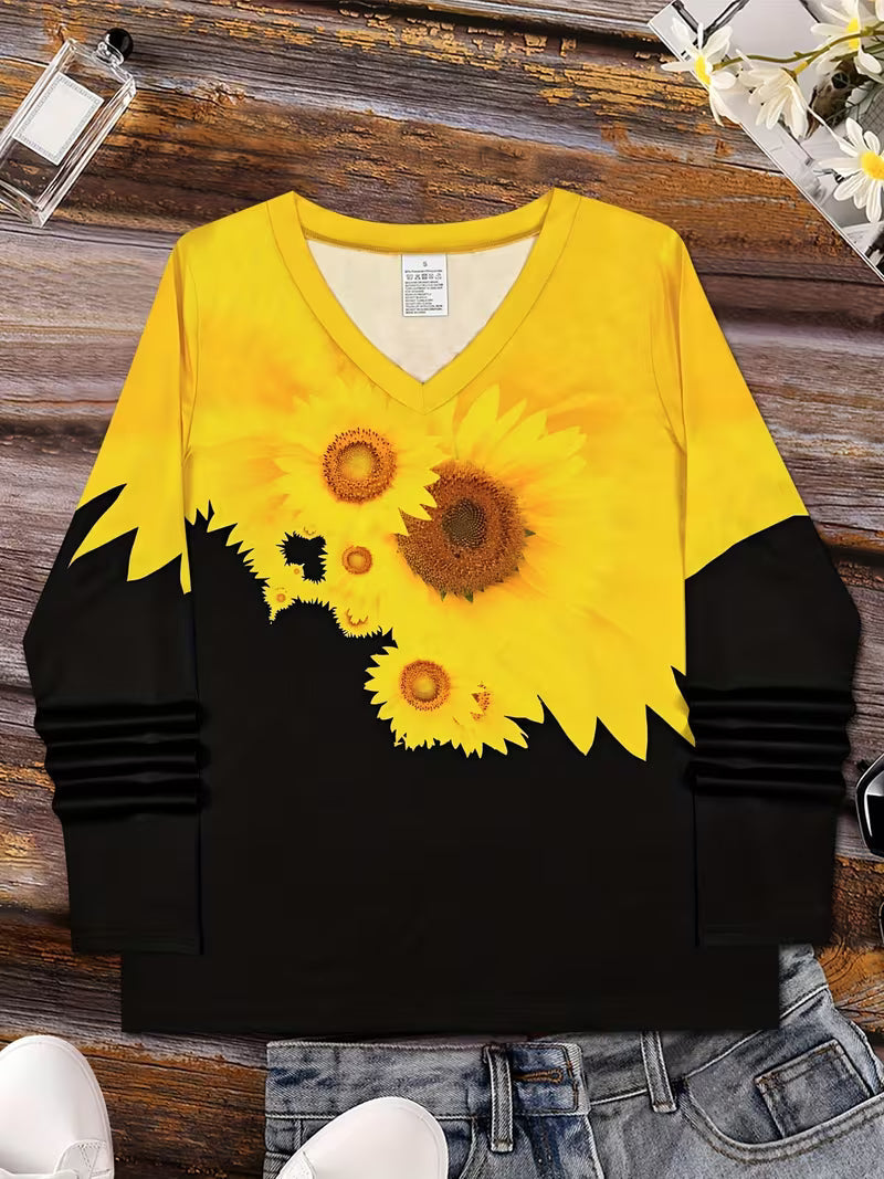 Olina - Camisola De Manga Comprida Com Estampado De Girassóis