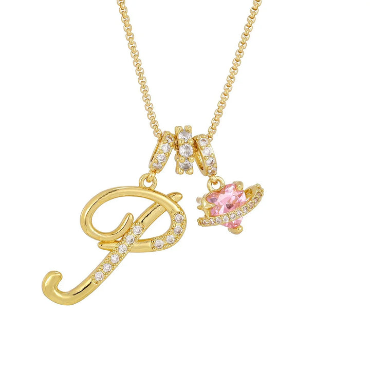 Nerute - Colar Com Inicial e Pingente em Forma de Coração Rosa