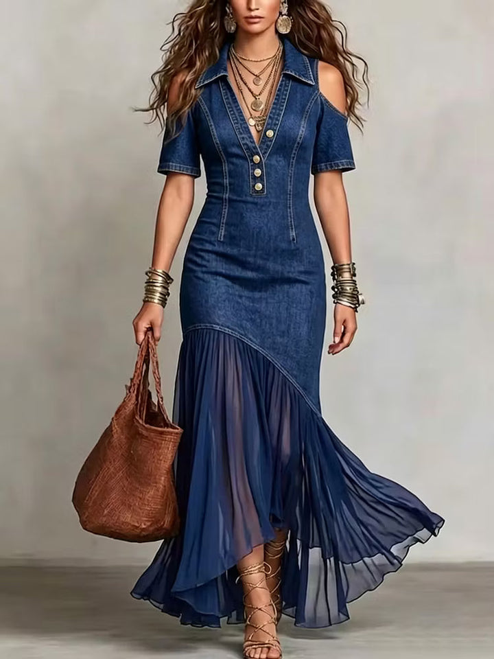 Presley - Vestido Comprido de Ganga Com Detalhe de Botões