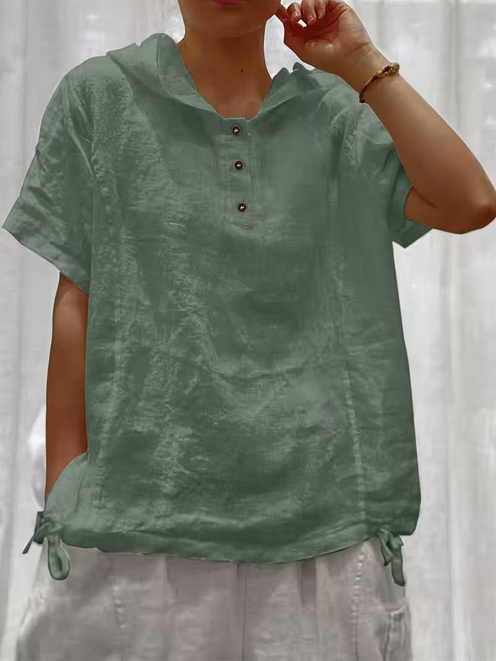 Bouchra - Camisa Folgada De Manga Curta Com Capuz De Cor Lisa E Botões À Frente