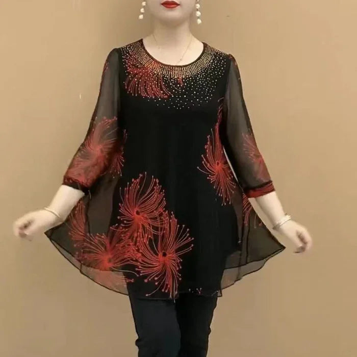 Skirmante - Tops Estampados em Chiffon Com Gola Redonda