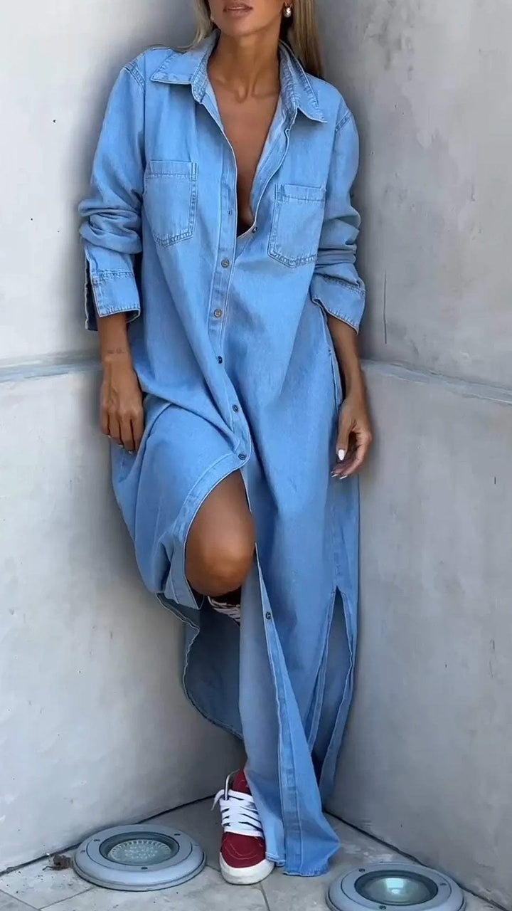 Chondona - Vestido De Ganga Com Mangas Compridas E Lapelas