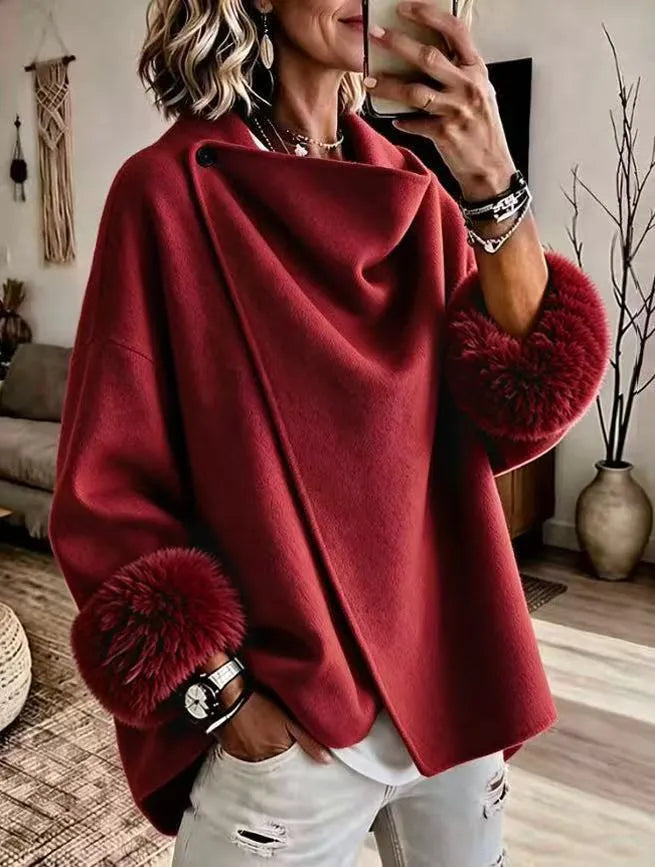Mikila - Faux Fur Cuff Asymmetric Wool-Blend Jacket