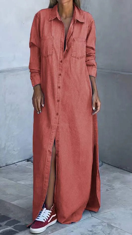 Chondona - Vestido De Ganga Com Mangas Compridas E Lapelas