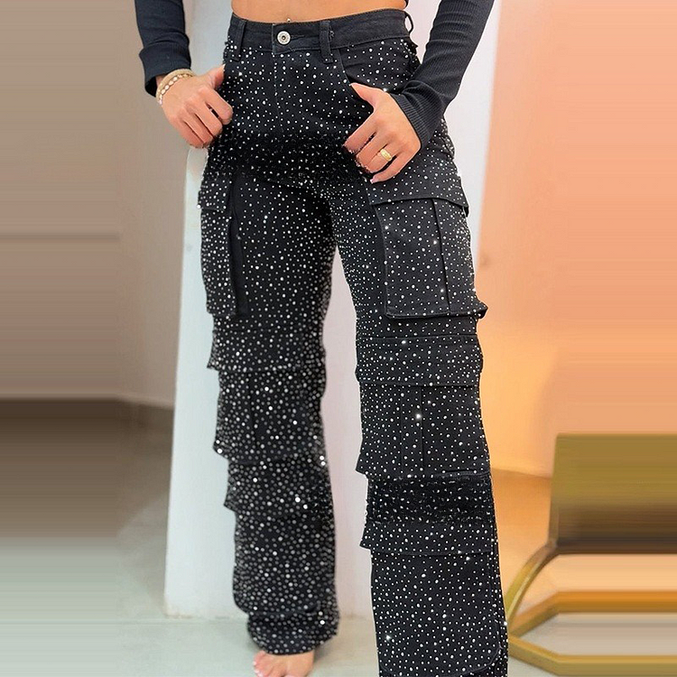 Leseli - Calças Cargo Elegantes Com Acabamento Brilhante