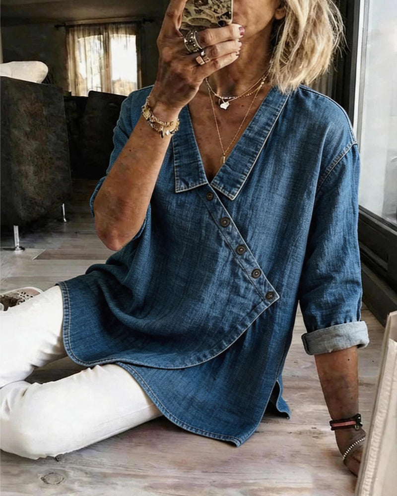 Olizia - Blusa Lisa Com Gola Diagonal Com Botões