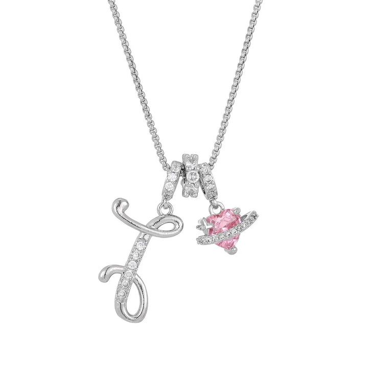 Nerute - Colar Com Inicial e Pingente em Forma de Coração Rosa