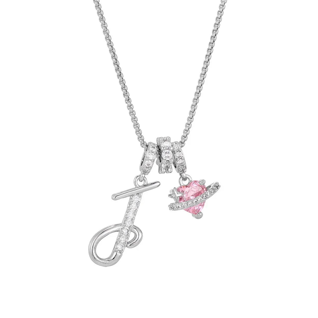 Nerute - Colar Com Inicial e Pingente em Forma de Coração Rosa