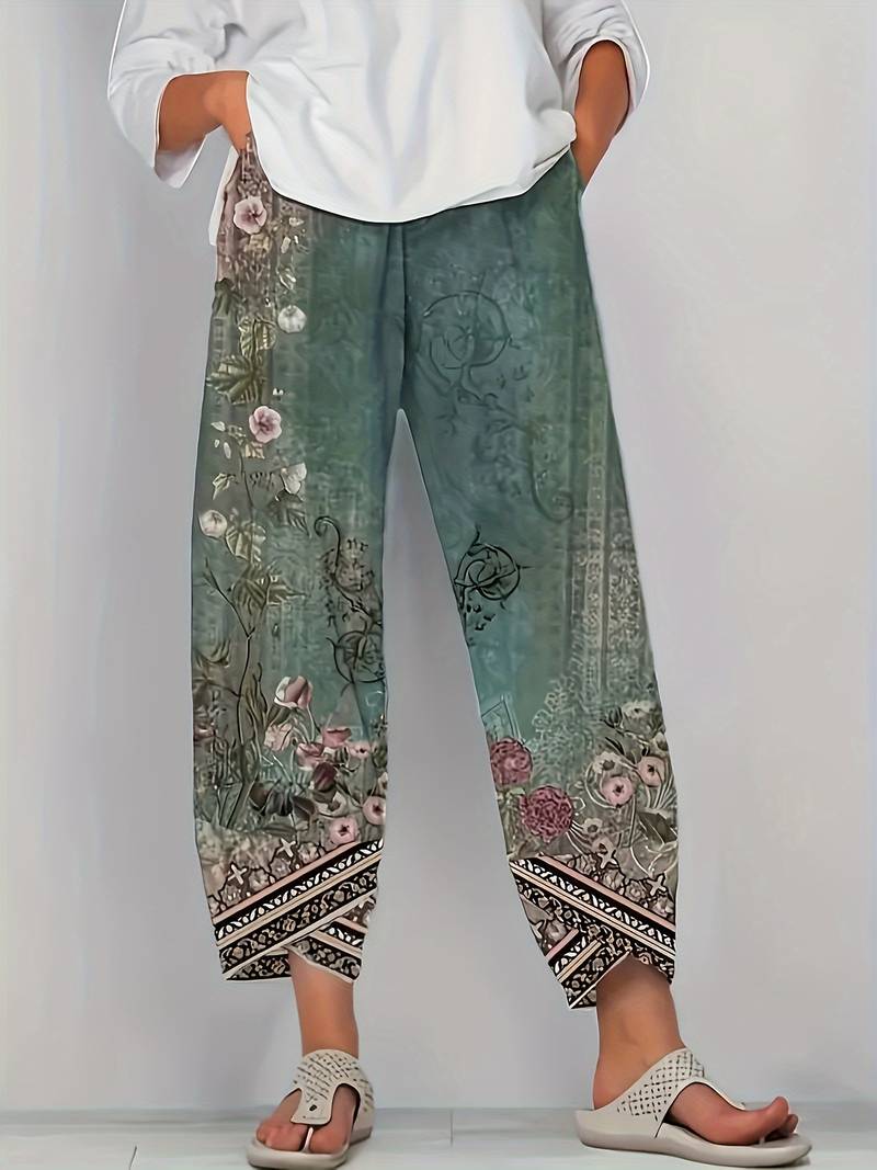 Thimasha - Calças Capri Com Padrão Floral Vintage e Cintura Elástica