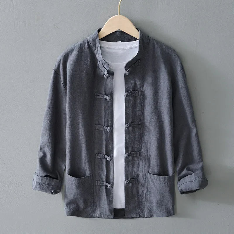Ffinian - Camisa Mandarim De Algodão E Linho